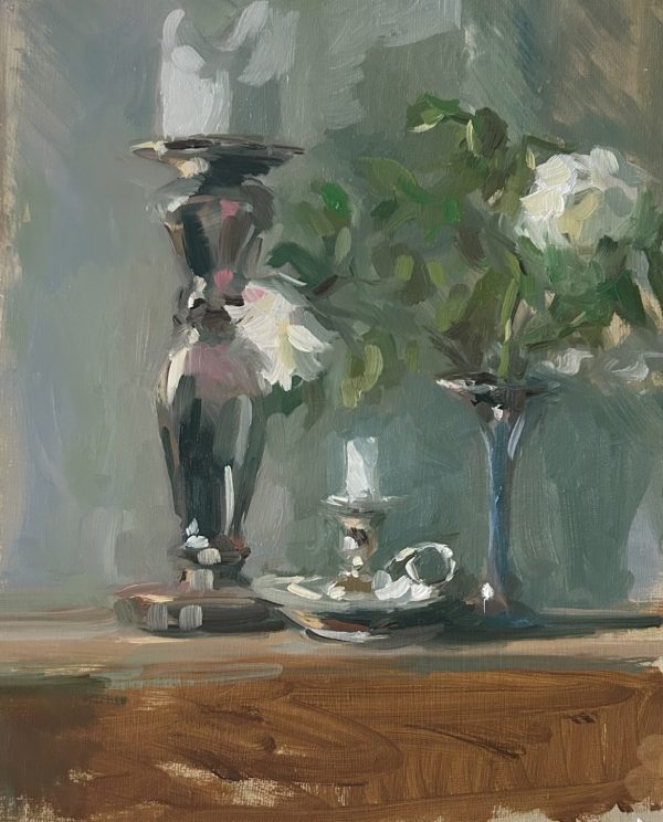Silver and White Roses on the Mantelshelf