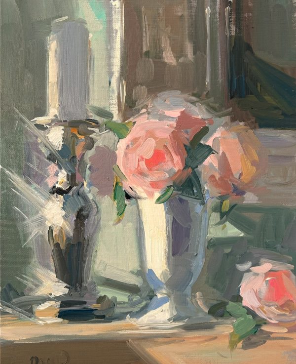 Roses and Candlestick in Bright Morning Light