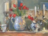 Mantelshelf Still Life with Silver and Tulips