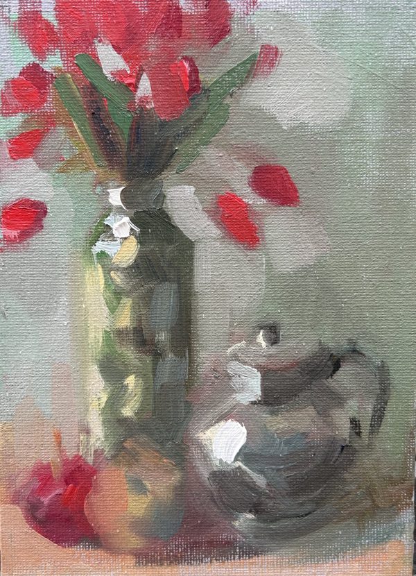 Tulips in Green Vase with Apples and Silverware