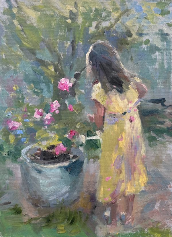 Watering the Camelia in Yellow Dress