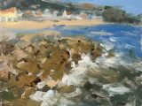Crashing waves at Lyme Regis, oil sketch