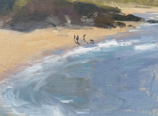 Walkers with Dog at Godrevy Beach (oil sketch)