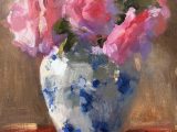 Pink Roses in Blue and White Vase