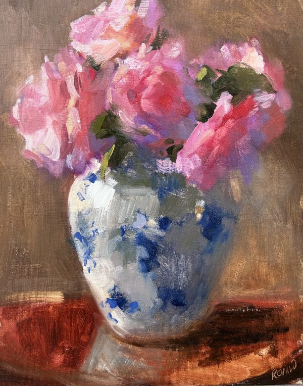 Pink Roses in Blue and White Vase