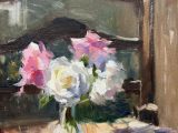 Pink and White Roses on Wicker Chair