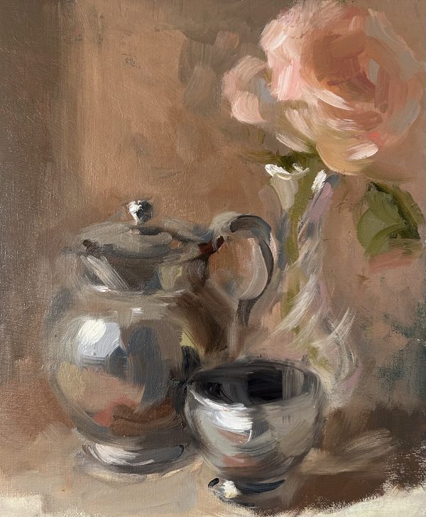 Silver Teapot and Pink Rose